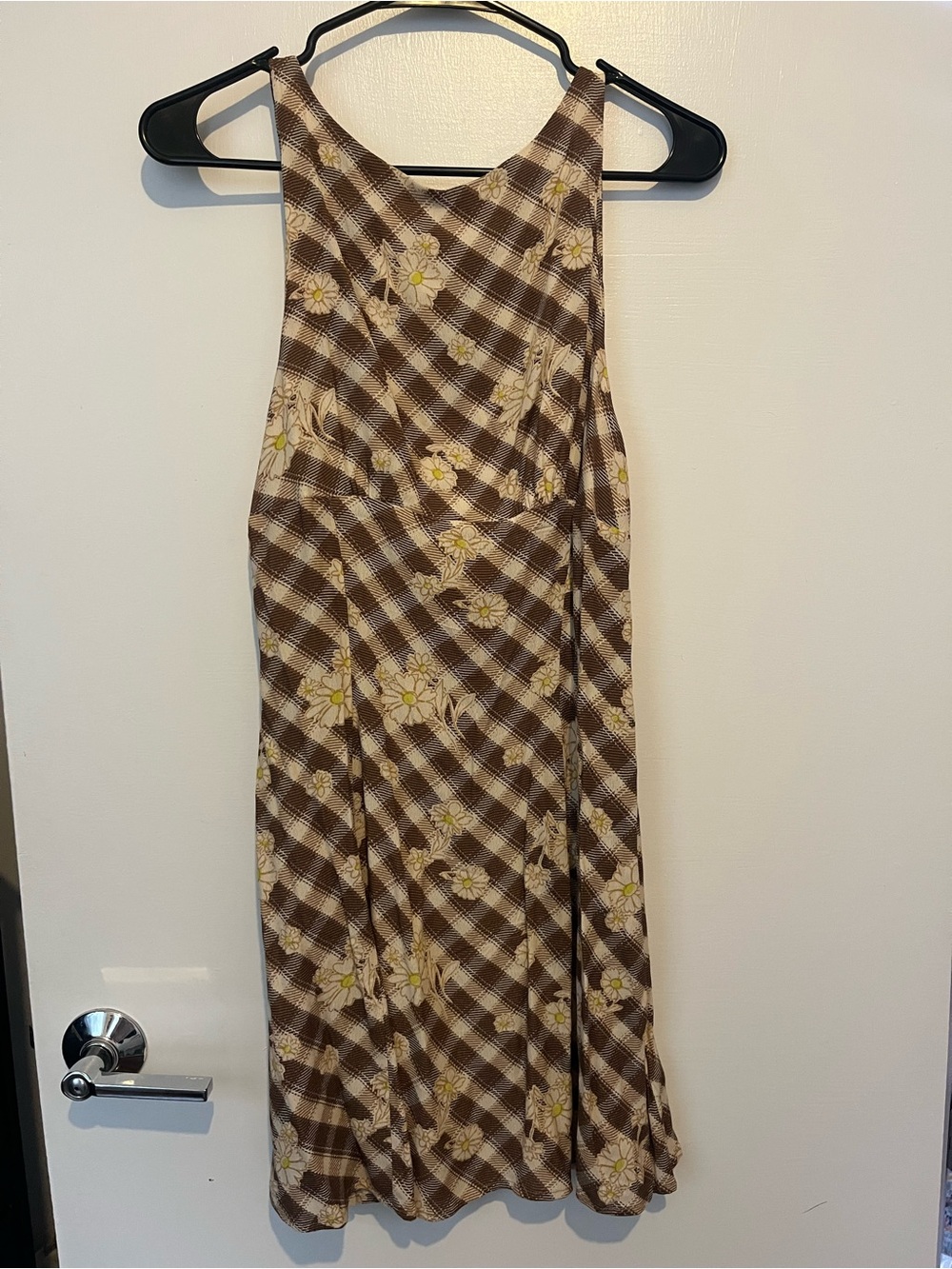 Brown Plaid Floral Sleeveless Dress